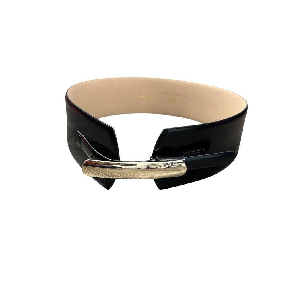B-Low the Belt Black Leather Wide Waist Belt Brass Buckle Size Small